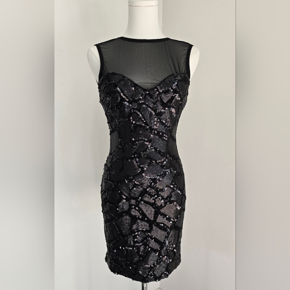 NWT Dress the Population Black Sequin Bodycon Mini Dress Mesh Neckline V Back XS - Picture 1 of 14